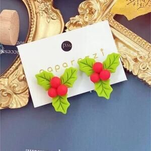 Christmas season festive holiday holly sprig earrings free leaves & red berries